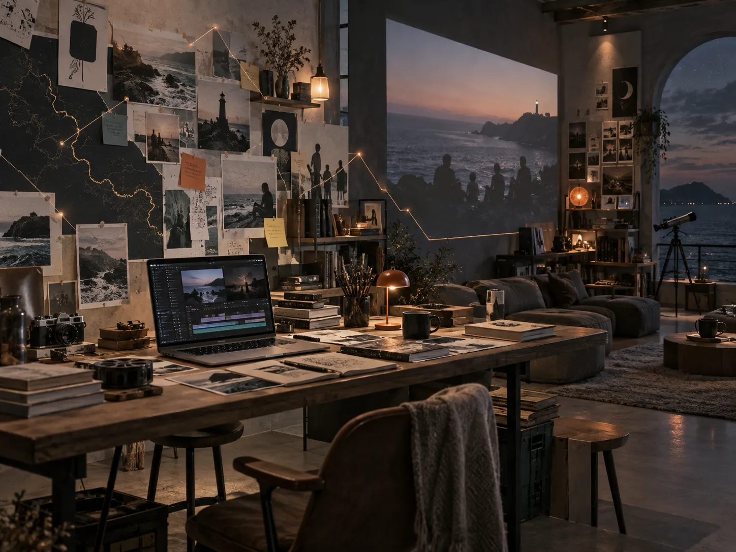 海岸远景与内容工作台组成的品牌主题画面